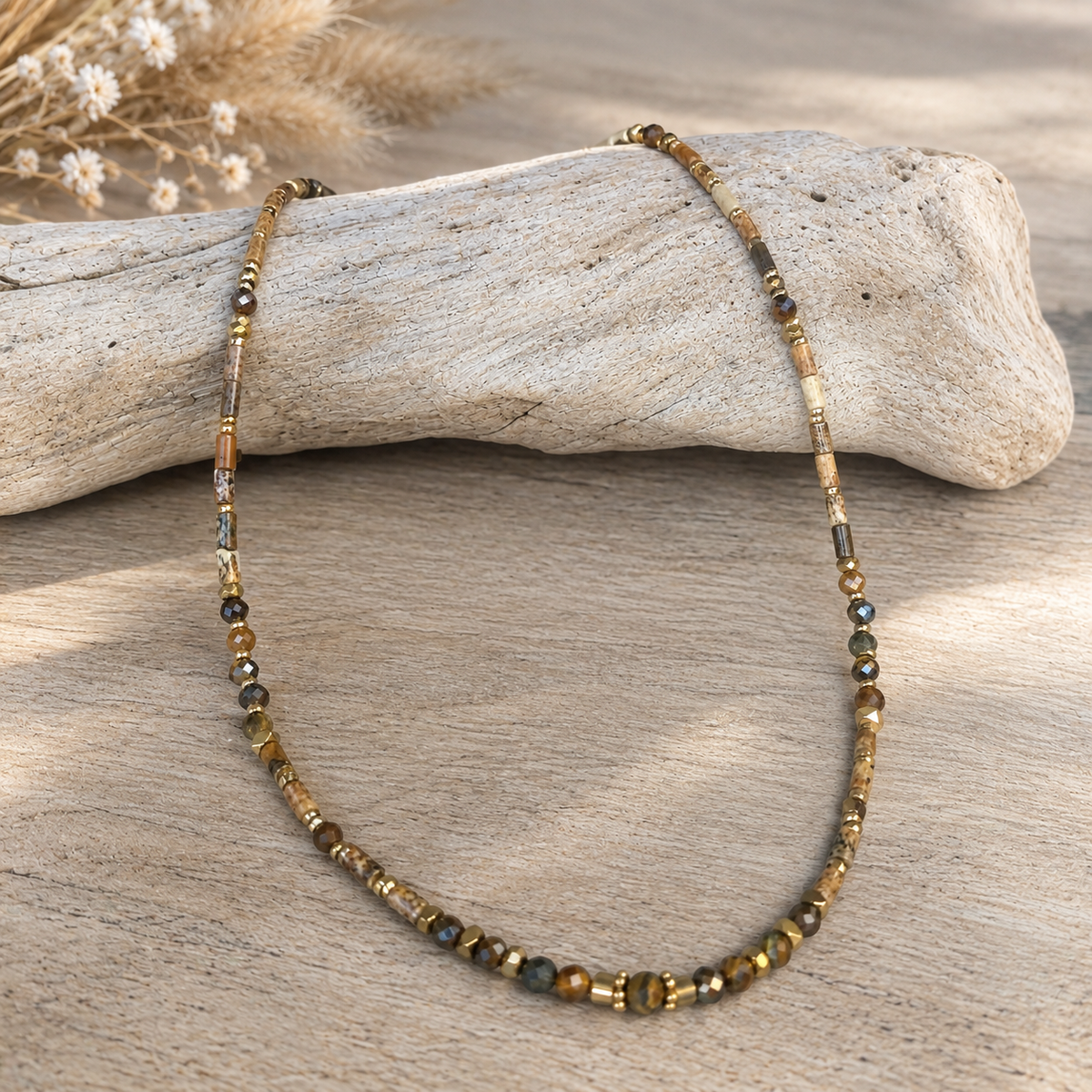Collier en perles naturelles de jaspe paysage et œil de tigre, style bohème, finitions acier inoxydable 316 L