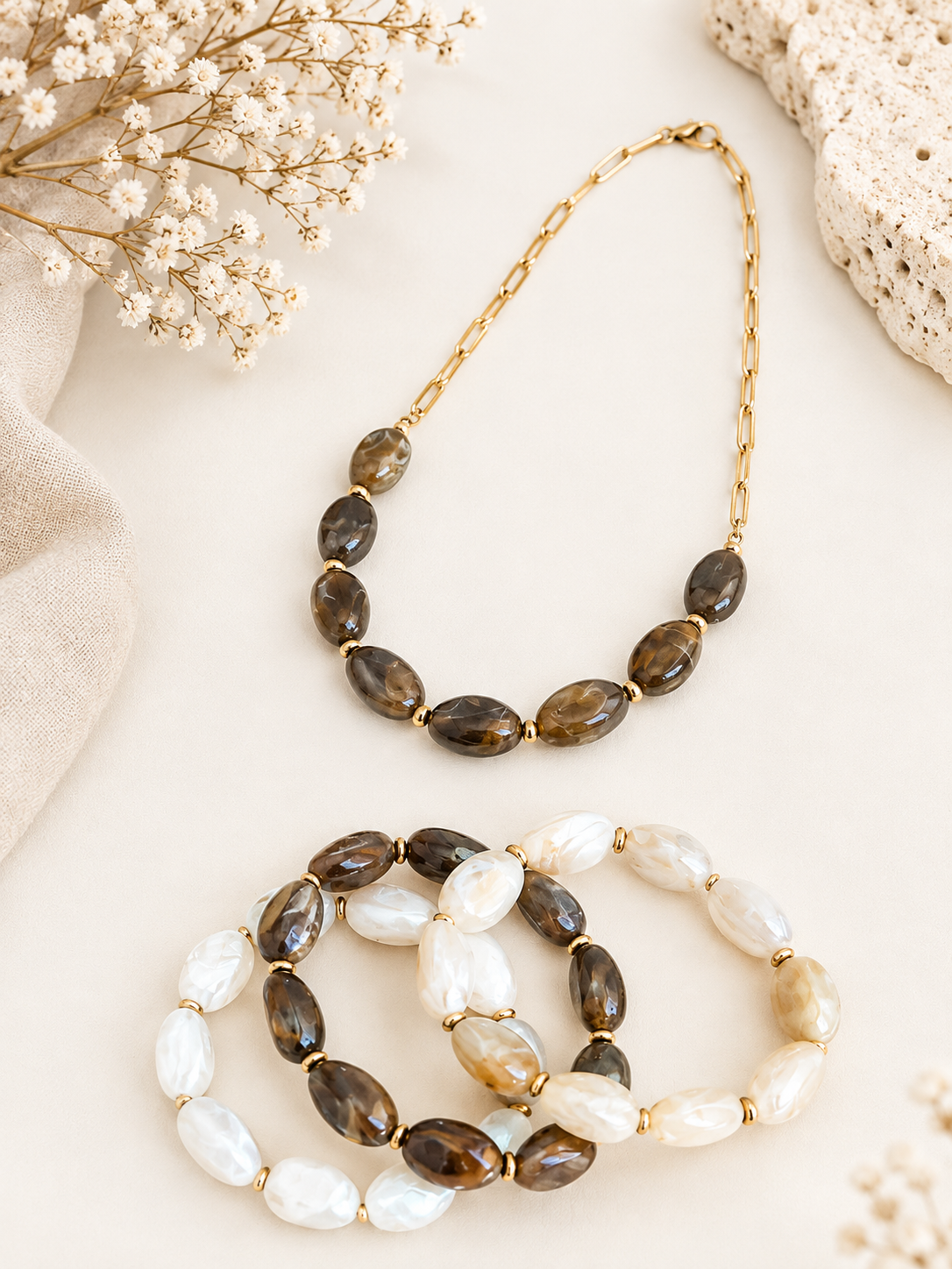 Combo collier et bracelet grosse perle ovale tendance 2026 2027 acier inoxydable