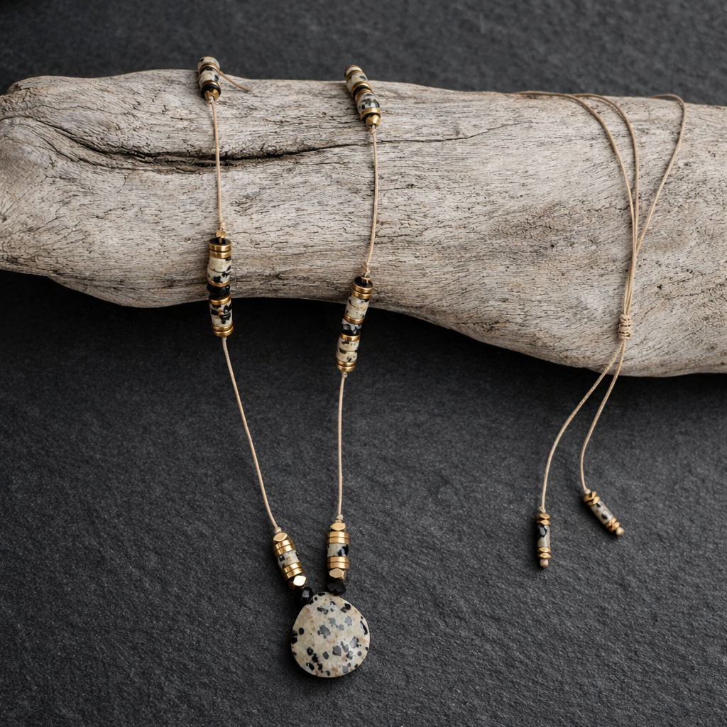 Collier bohème en pierre naturelle de jaspe dalmatien sur présentoir, cordon réglable