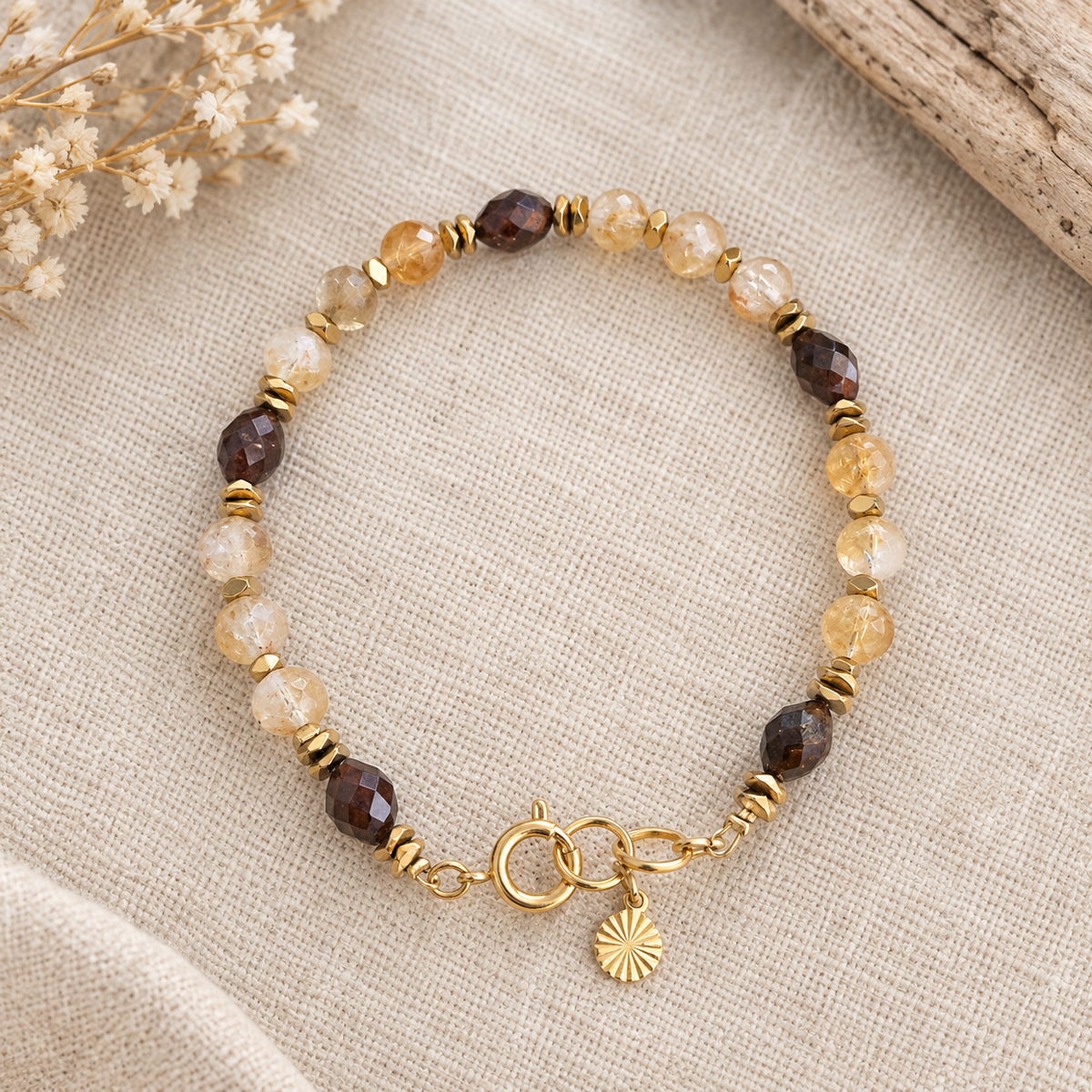 Bracelet en pierres naturelles de grenat et citrine finitions acier inoxydable style bohème pour femme