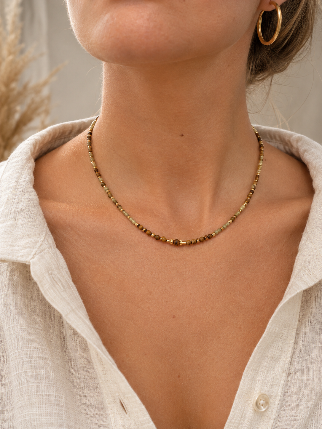 Collier bohème en jaspe paysage et œil de tigre pour femme fait main